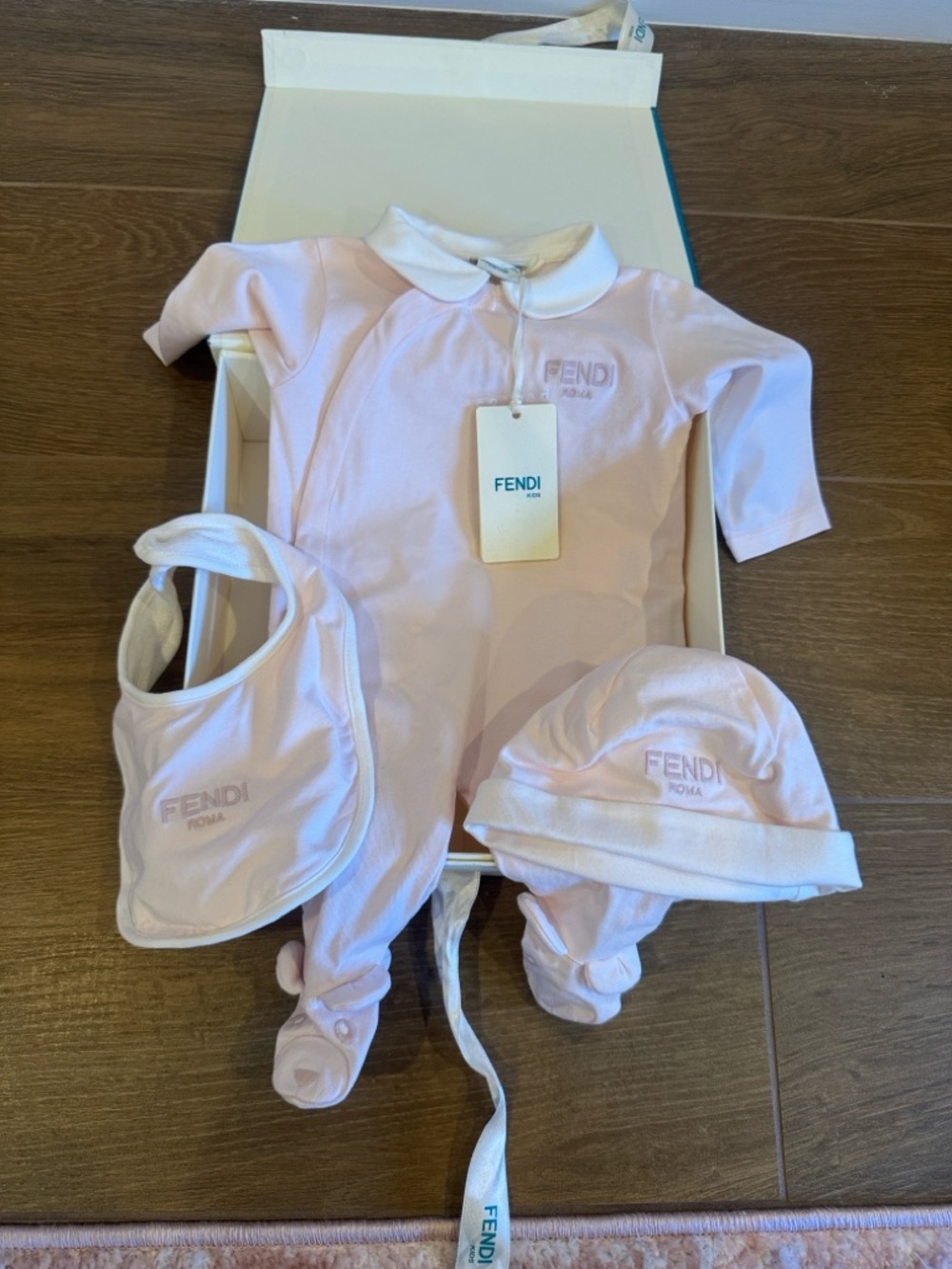Fendi Light Pink Baby Footie Set with Hat & Bib